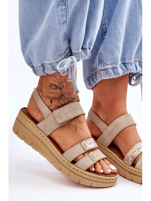 Women's Leather Sandals With Velcro Beige Fresh Look