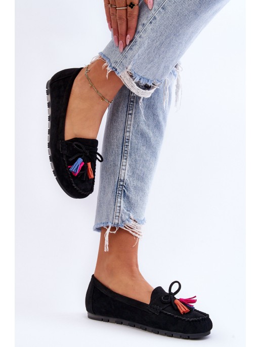 Suede Loafers With Bow And Fringes Black Dorine