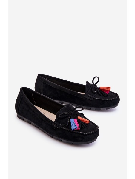 Suede Loafers With Bow And Fringes Black Dorine