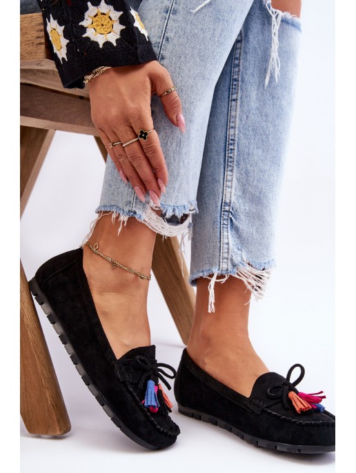 Suede Loafers With Bow And Fringes Black Dorine