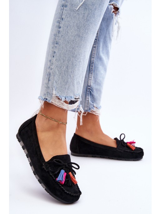 Suede Loafers With Bow And Fringes Black Dorine