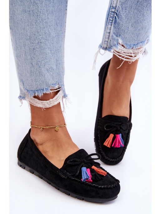 Suede Loafers With Bow And Fringes Black Dorine