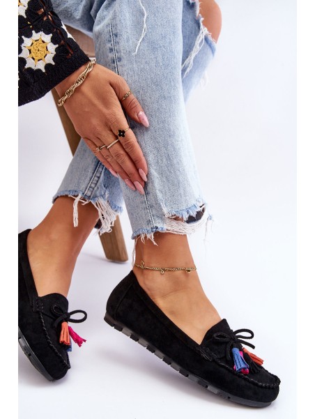 Suede Loafers With Bow And Fringes Black Dorine