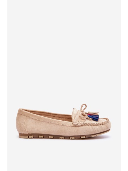 Suede Loafers With Bow And Fringes Beige Dorine