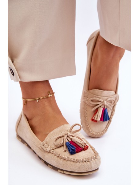 Suede Loafers With Bow And Fringes Beige Dorine