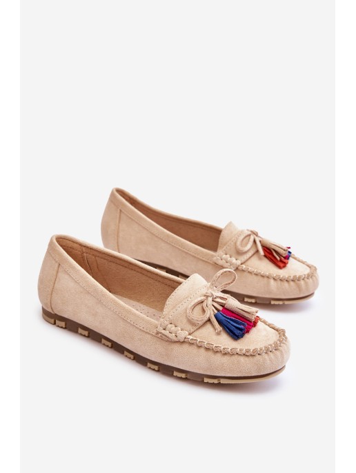 Suede Loafers With Bow And Fringes Beige Dorine