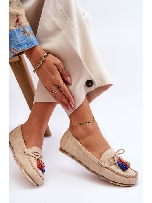 Suede Loafers With Bow And Fringes Beige Dorine
