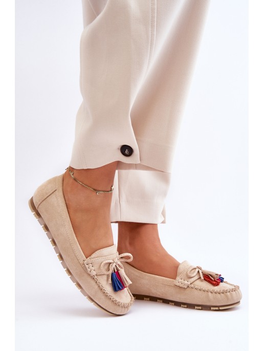 Suede Loafers With Bow And Fringes Beige Dorine