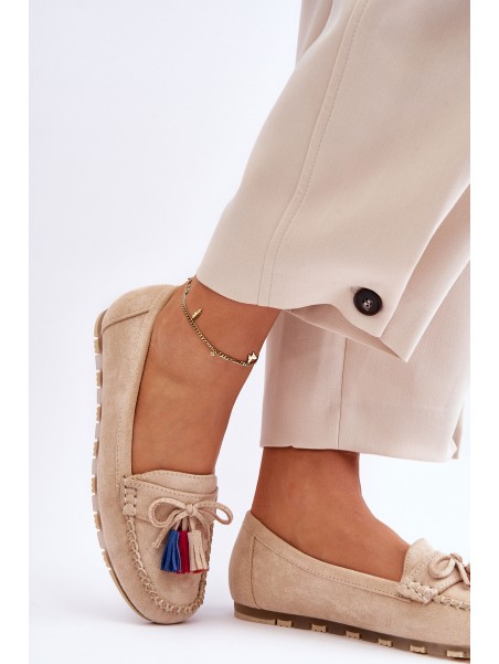 Suede Loafers With Bow And Fringes Beige Dorine