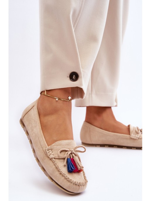 Suede Loafers With Bow And Fringes Beige Dorine