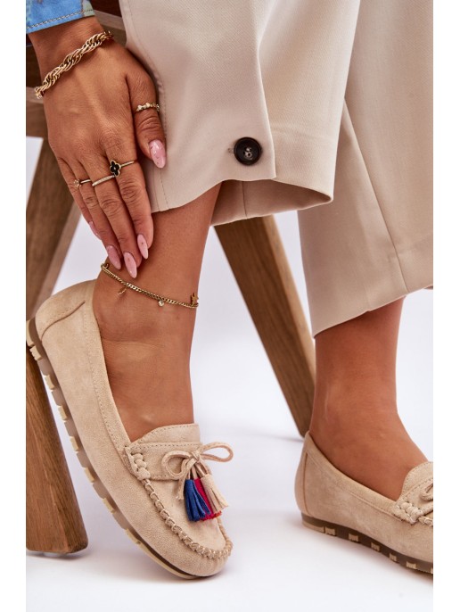 Suede Loafers With Bow And Fringes Beige Dorine
