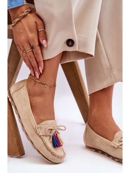 Suede Loafers With Bow And Fringes Beige Dorine