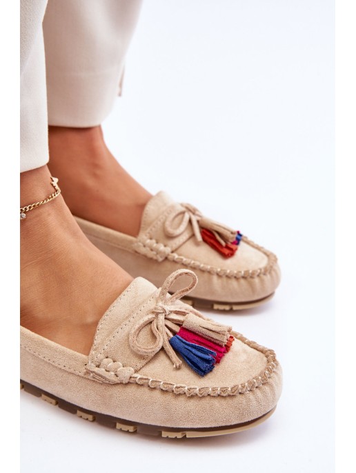 Suede Loafers With Bow And Fringes Beige Dorine