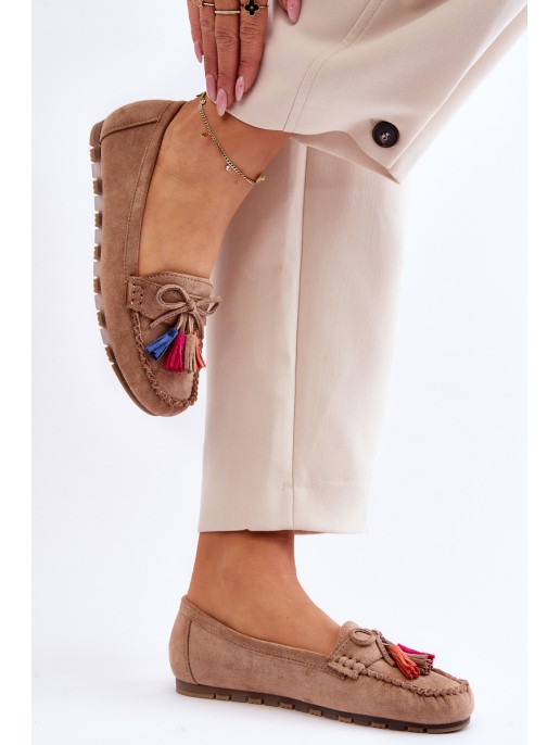 Suede Loafers With Bow And Fringes Dark beige Dorine