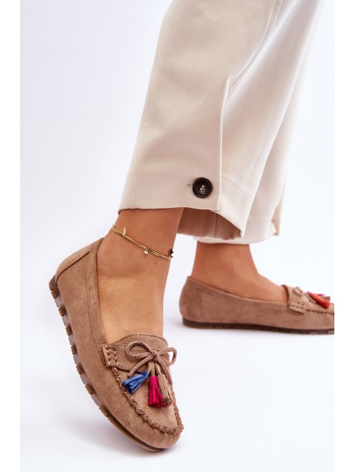 Suede Loafers With Bow And Fringes Dark beige Dorine