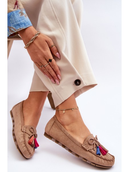 Suede Loafers With Bow And Fringes Dark beige Dorine