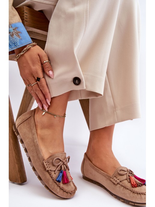 Suede Loafers With Bow And Fringes Dark beige Dorine