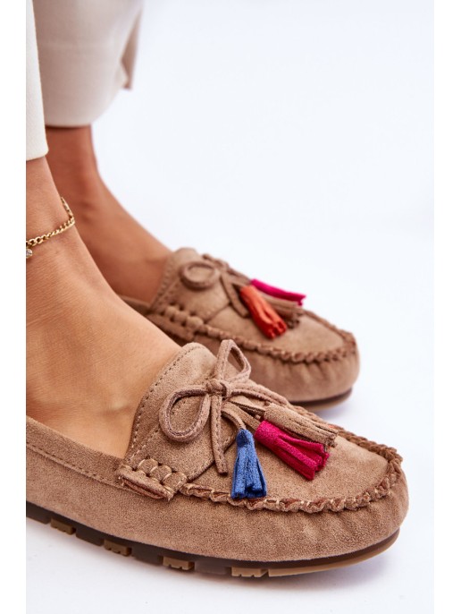 Suede Loafers With Bow And Fringes Dark beige Dorine
