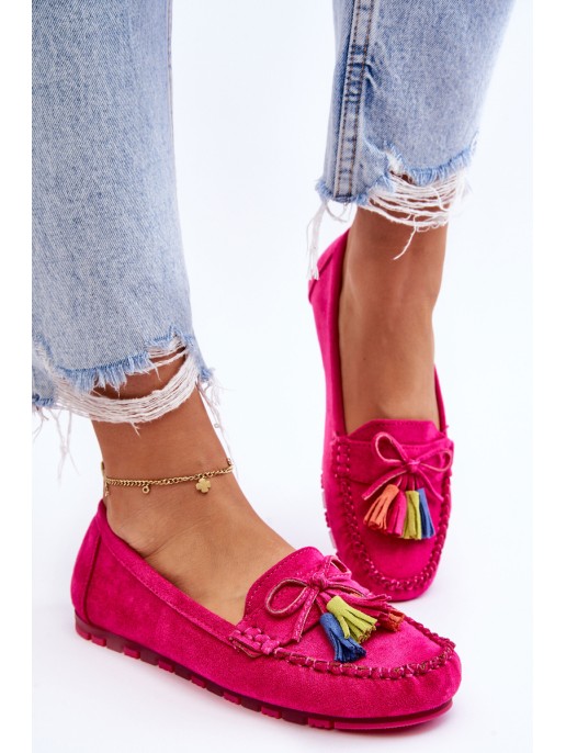 Suede Loafers With Bow And Fringes Fuchsia Dorine