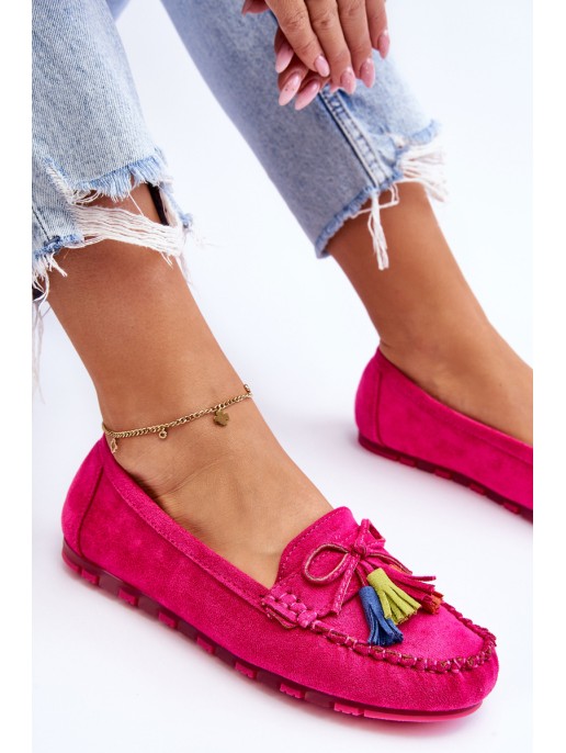 Suede Loafers With Bow And Fringes Fuchsia Dorine