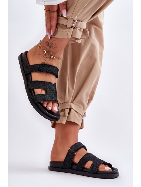 Women's Material Slippers with Velcro Black Jose