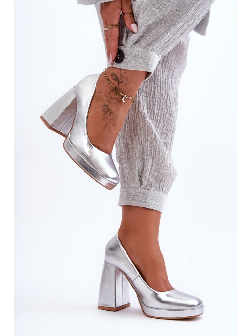 Leather Heels on a Massive Heel Silver Rosalia