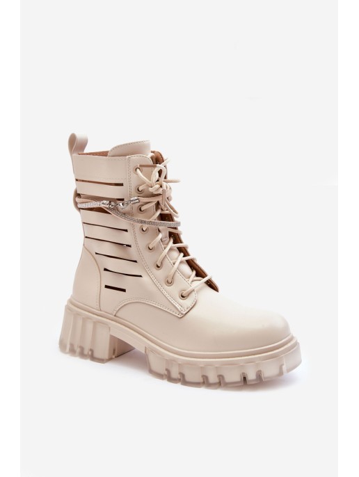 Fashionable Lace-up Boots with Decorative Strip Beige Rocky