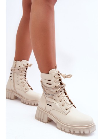 Fashionable Lace-up Boots with Decorative Strip Beige Rocky 2