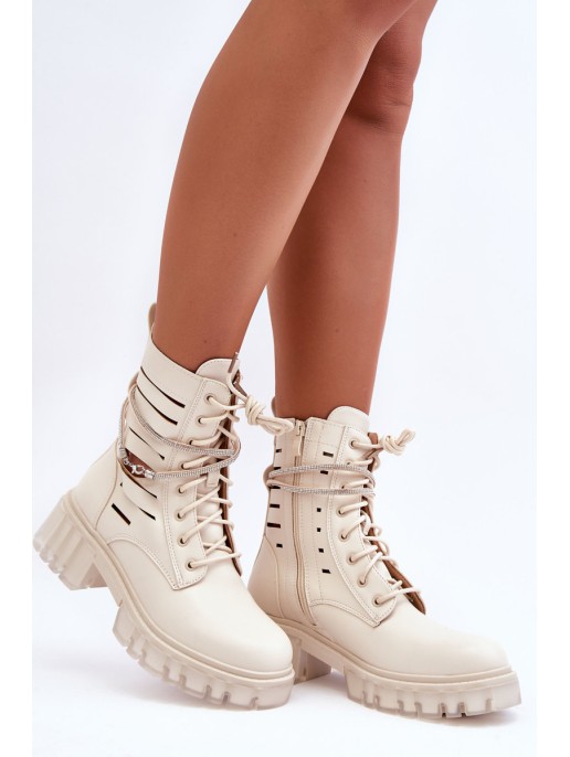 Fashionable Lace-up Boots with Decorative Strip Beige Rocky