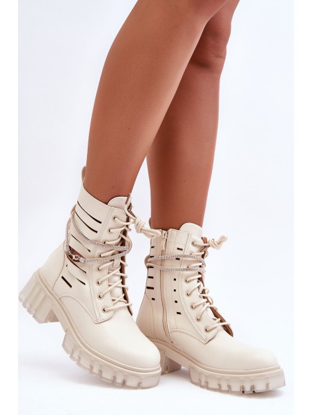 Fashionable Lace-up Boots with Decorative Strip Beige Rocky