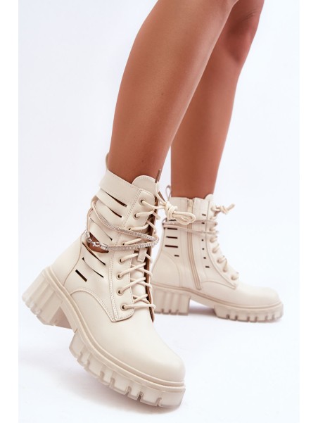 Fashionable Lace-up Boots with Decorative Strip Beige Rocky