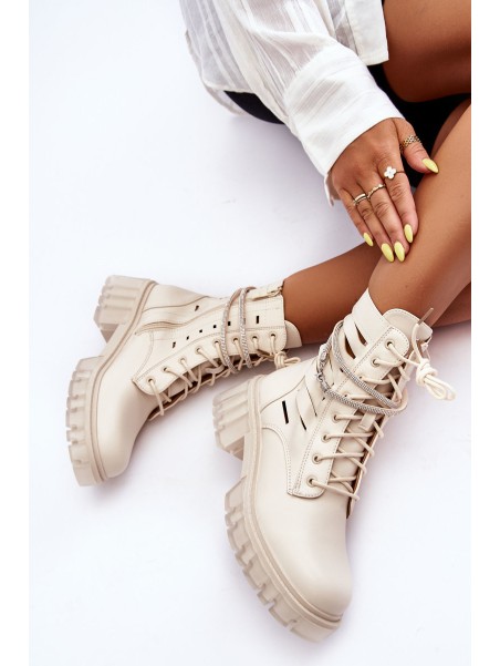 Fashionable Lace-up Boots with Decorative Strip Beige Rocky