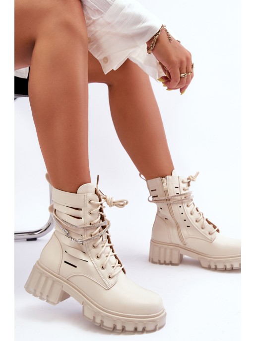 Fashionable Lace-up Boots with Decorative Strip Beige Rocky