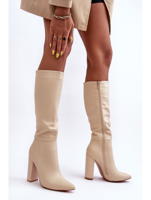 Leather Heeled Boots Elegant Beige Eudonice