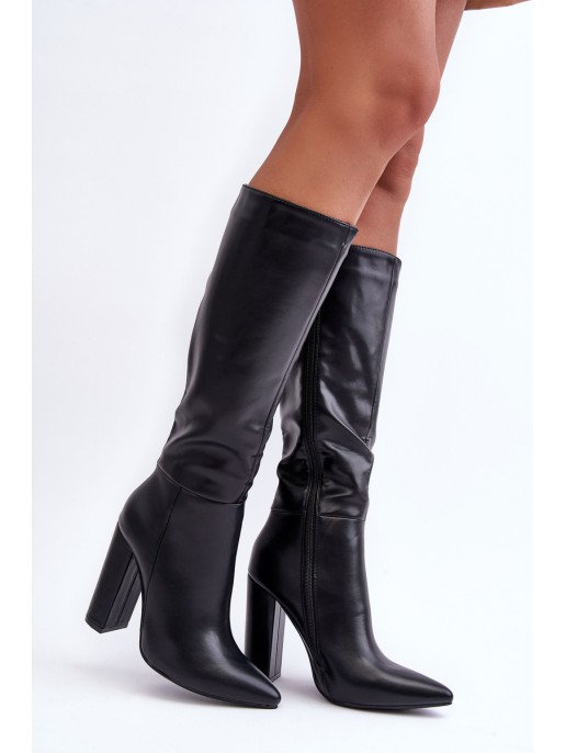 Elegant Leather Heeled Boots Black Eudonice