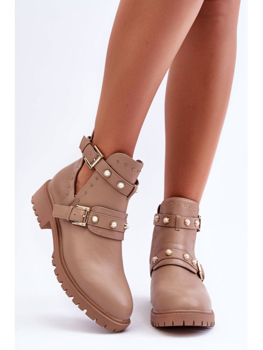 Women's Trapper Boots with Pearls Beige Klarisa Women's Trapper Boots with Pearls Beige Klarisa