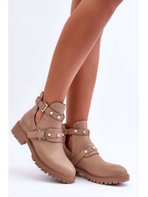 Women's Trapper Boots with Pearls Beige Klarisa Women's Trapper Boots with Pearls Beige Klarisa