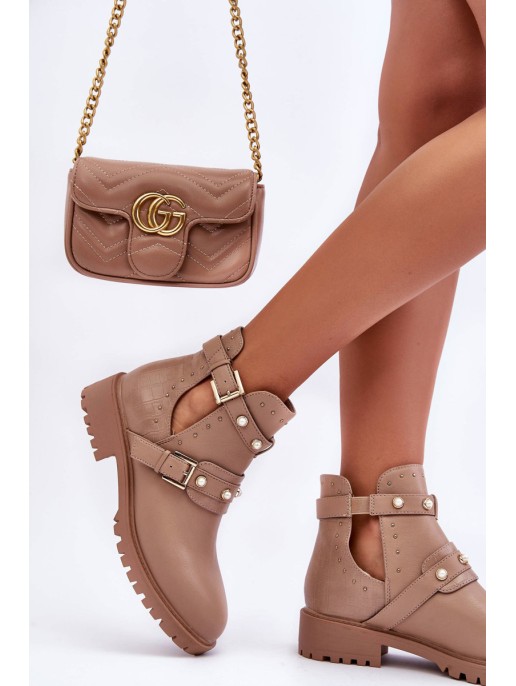 Women's Trapper Boots with Pearls Beige Klarisa Women's Trapper Boots with Pearls Beige Klarisa