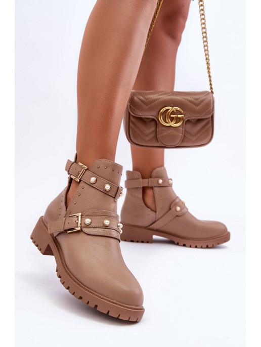 Women's Trapper Boots with Pearls Beige Klarisa Women's Trapper Boots with Pearls Beige Klarisa