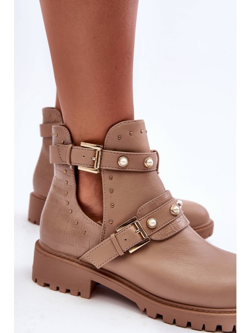 Women's Trapper Boots with Pearls Beige Klarisa Women's Trapper Boots with Pearls Beige Klarisa