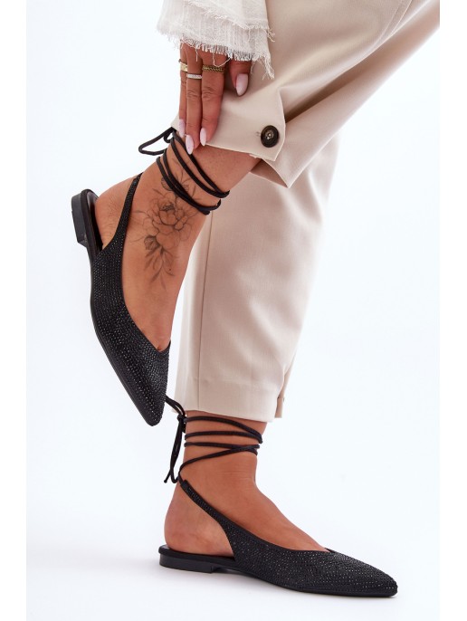 Women's Lace-Up Ballet Flats Embellished with Studs Black Jange Women's Lace-Up Ballet Flats Embellished with Studs Black Jange