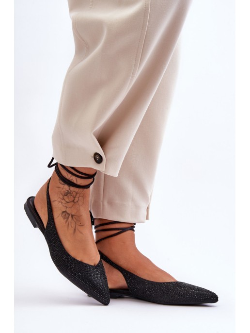 Women's Lace-Up Ballet Flats Embellished with Studs Black Jange Women's Lace-Up Ballet Flats Embellished with Studs Black Jange