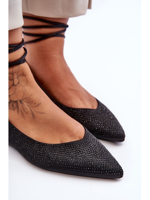 Women's Lace-Up Ballet Flats Embellished with Studs Black Jange Women's Lace-Up Ballet Flats Embellished with Studs Black Jange