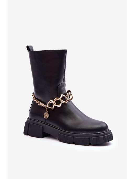 Leather High Boots with Chain Black Pugen