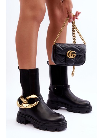 Fashionable Leather Boots Ankle Boots with Chain Black Kambiz 2