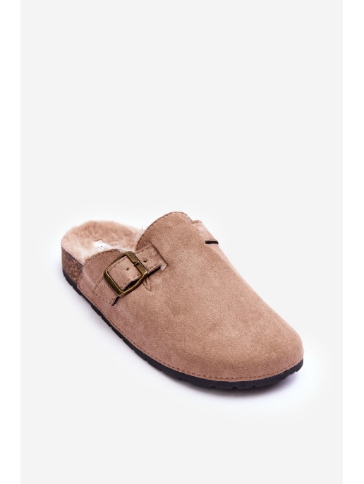 Women's Suede Slippers with Faux Fur Beige Haidamia