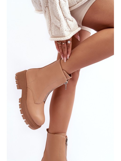 Leather Ankle Boots With Zipper Flat Heel Camel Vimal Leather Ankle Boots With Zipper Flat Heel Camel Vimal