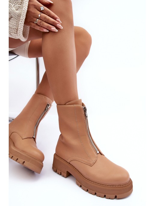 Leather Ankle Boots With Zipper Flat Heel Camel Vimal Leather Ankle Boots With Zipper Flat Heel Camel Vimal