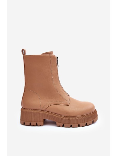 Leather Ankle Boots With Zipper Flat Heel Camel Vimal