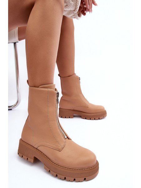 Leather Ankle Boots With Zipper Flat Heel Camel Vimal